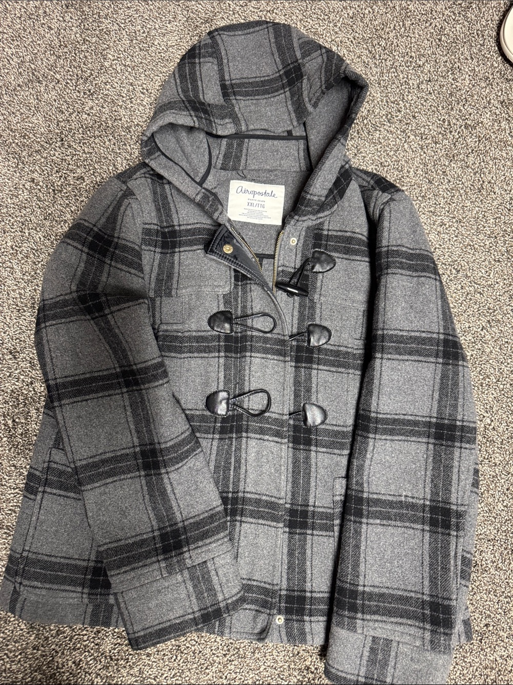 Vintage women’s Aeropostale Gray Black Plaid wool Hooded Toggle Coat NWOT XXL